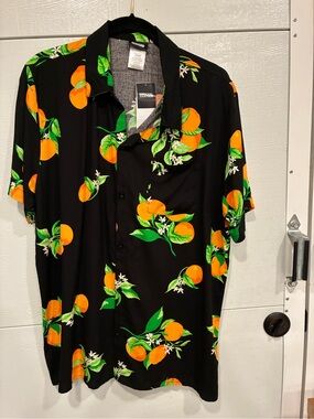 Tropical Orange Print Short-Sleeve Shirt - Black